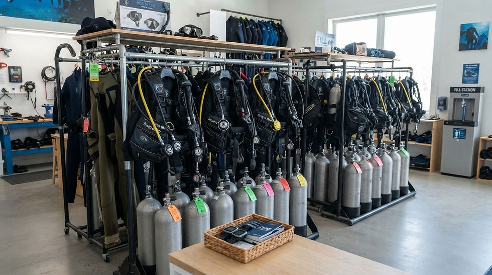 Scuba BCDs, regulators and tanks available for rental at a dive shop