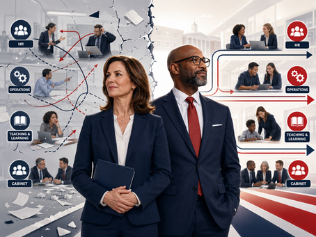 A principal supervisor and principal stand in the foreground while district departments behind them appear fragmented on one side and aligned on the other, illustrating that one supervisor cannot compensate for a broken system.