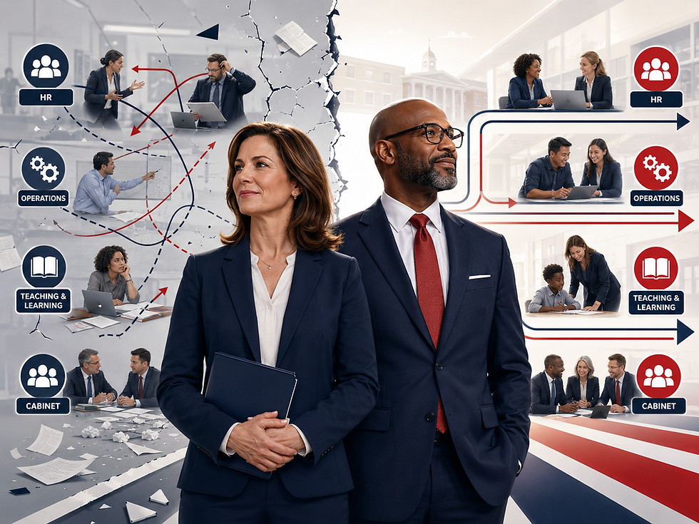 A principal supervisor and principal stand in the foreground while district departments behind them appear fragmented on one side and aligned on the other, illustrating that one supervisor cannot compensate for a broken system.