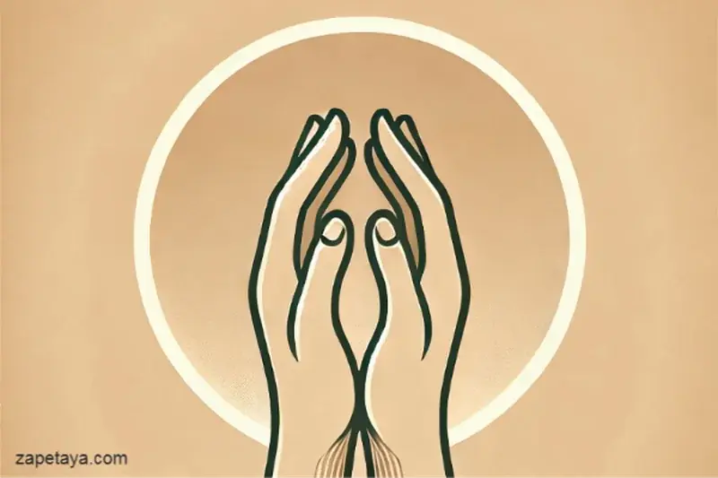 Две длани, събрани в символ на молба, пред светещ ринг, който изразява искрено моля.