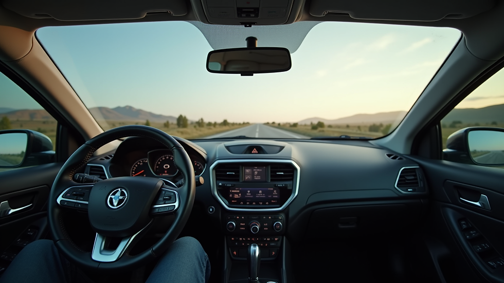 Eye-level view of a car dashboard with tinted windows showing reduced glare
