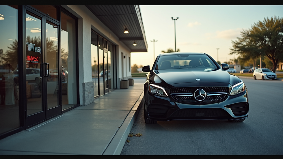 Eye-level view of a car parked outside a tinting service shop in Haines City, FL