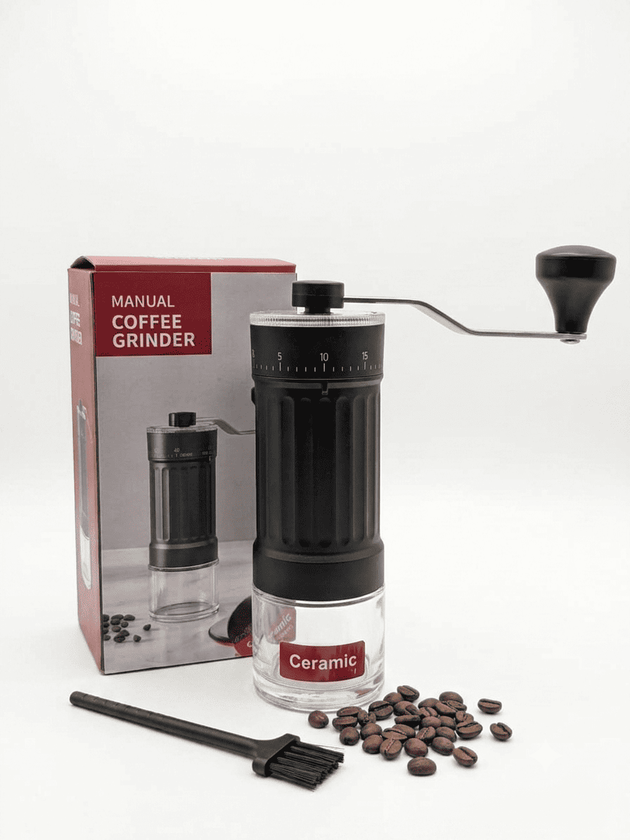 Thumbnail: ACOMOCA manual coffee grinder with adjustable ceramic burr, shown with its product box, scattered roasted coffee beans, and a