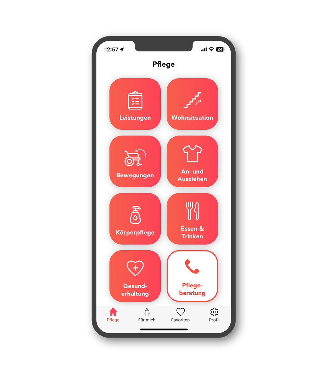 age.webpScreenshot der App für pflegende Angehörige, Menüpunkt Pflege