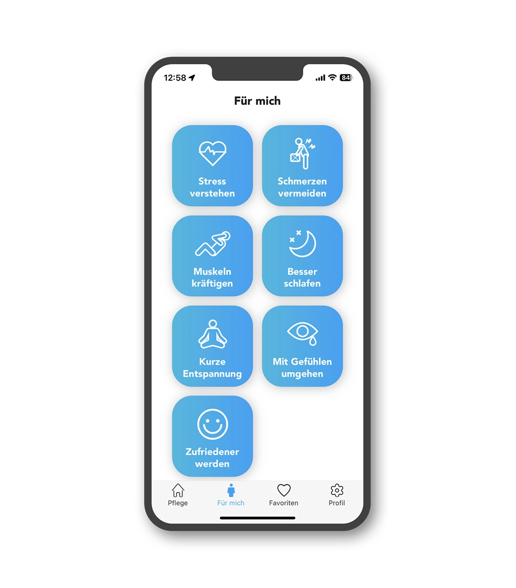 Screenshot der App für pflegende Angehörige, Menüpunkt Pflege