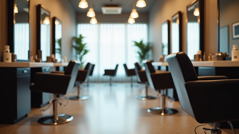 Eye-level view of a modern hair salon interior with styling chairs and mirrors