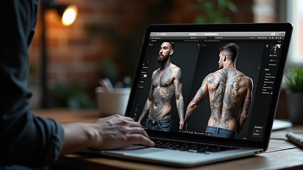 Eye-level view of a tattoo artist's portfolio displayed on a laptop screen
