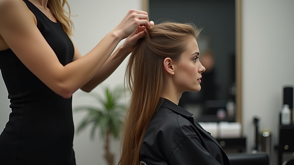 Eye-level view of a stylist applying hair extensions in a salon