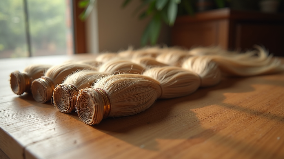 Close-up view of natural hair extensions laid out on a wooden table