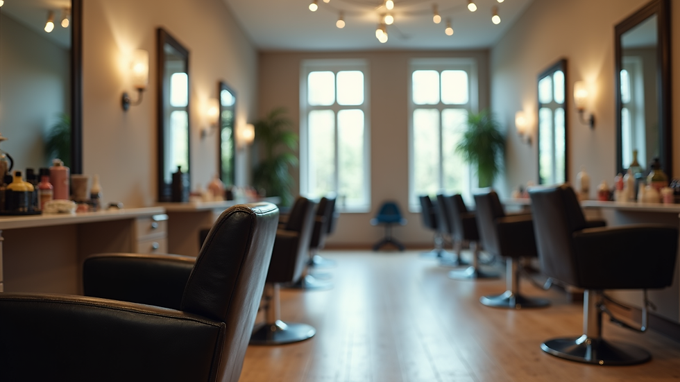 Eye-level view of hair salon interior with styling chairs