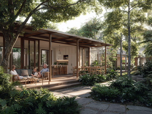 Retired couple enjoying the garden of a modern downsized coastal home in Noosa