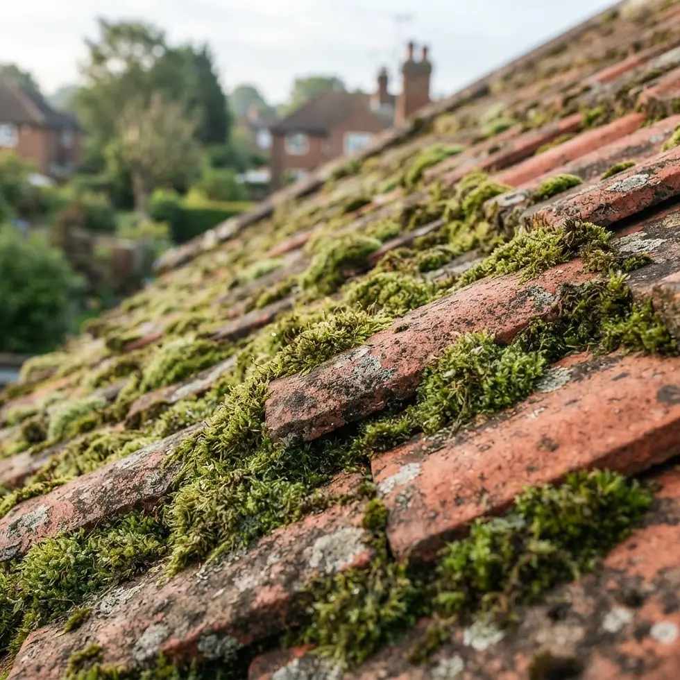 Close-up photography of a weathered, red-tiled roof heavily covered in green moss. The outdoor scene is set in a residential area with blurred houses and trees in the background.