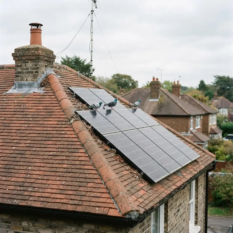 Photography of solar panels on a residential rooftop with three pigeons perched on them. The scene shows a typical urban or suburban setting.