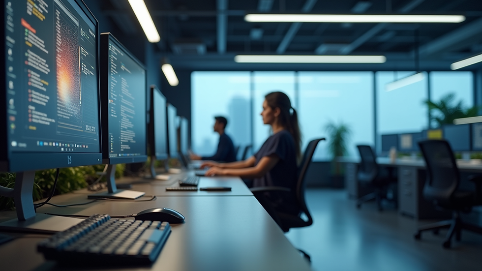 Eye-level view of a modern office workspace with AI-powered computers
