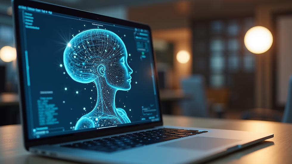 Eye-level view of a modern office workspace with a laptop displaying AI automation software