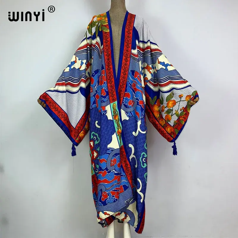 Thumbnail: Cover-Ups Print Front Open Long Kimono Kaftan Beach Cover Ups