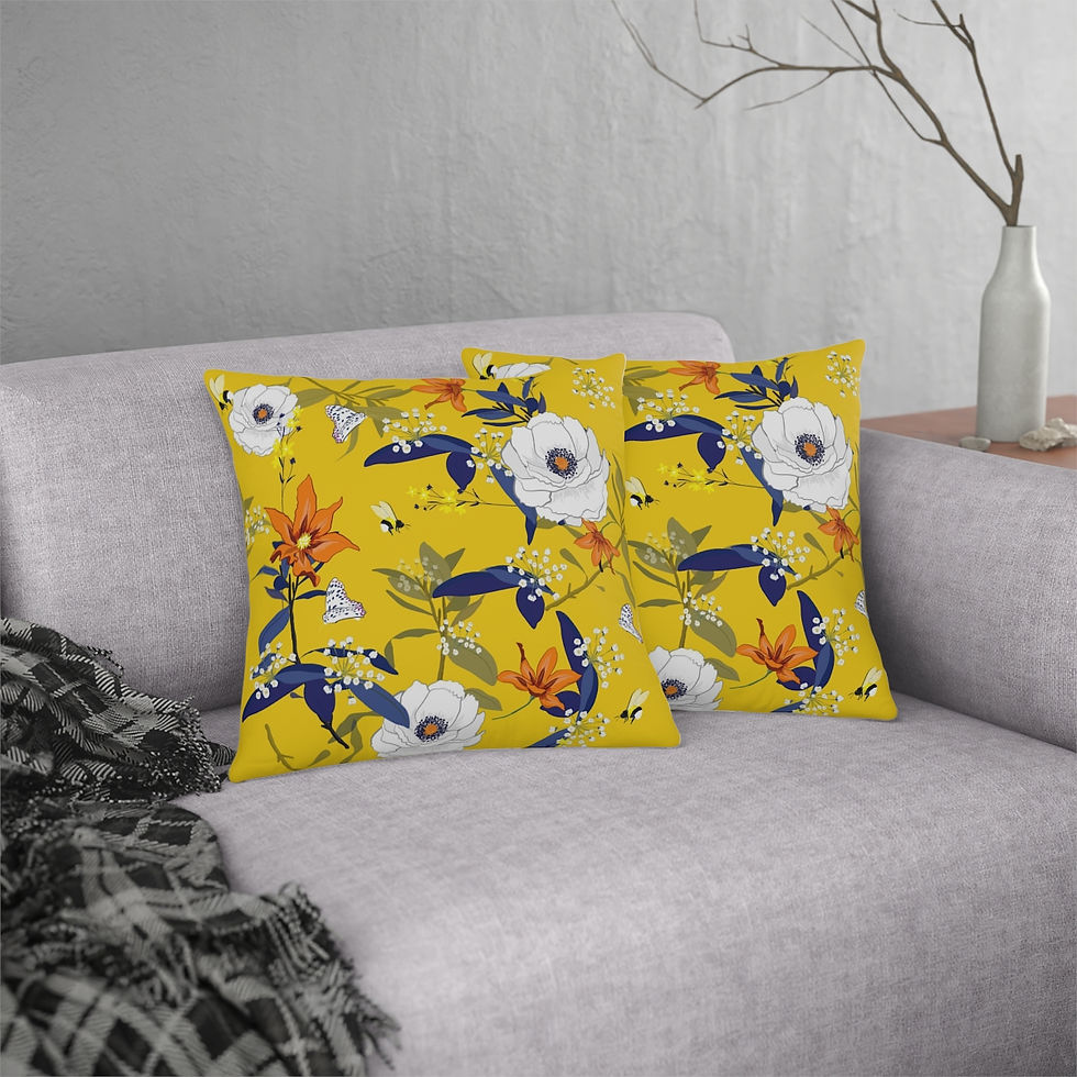 Thumbnail: Mai Life Yellow background, Orange & Blue flowers Waterproof Pillows
