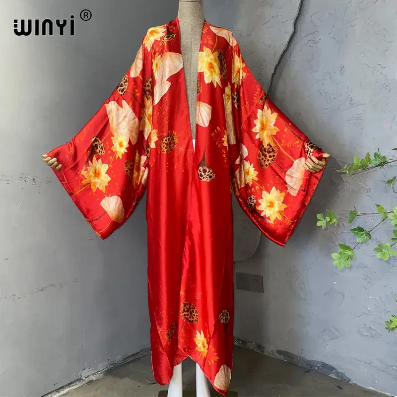 Thumbnail: Cardigan Stitch Cocktail Maxi  Batwing Sleeve Silk Feeling Robe Kimono Kaftan