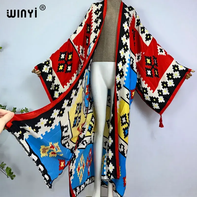 Thumbnail: Cover-Ups Print Front Open Long Kimono Kaftan Beach Cover Ups