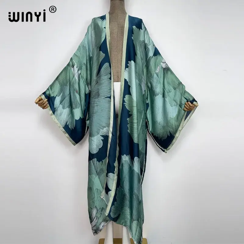 Thumbnail: Cardigan Stitch Cocktail Maxi  Batwing Sleeve Silk Feeling Robe Kimono Kaftan