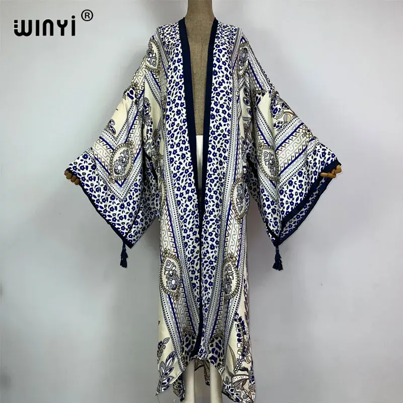 Thumbnail: Cover-Ups Print Front Open Long Kimono Kaftan Beach Cover Ups
