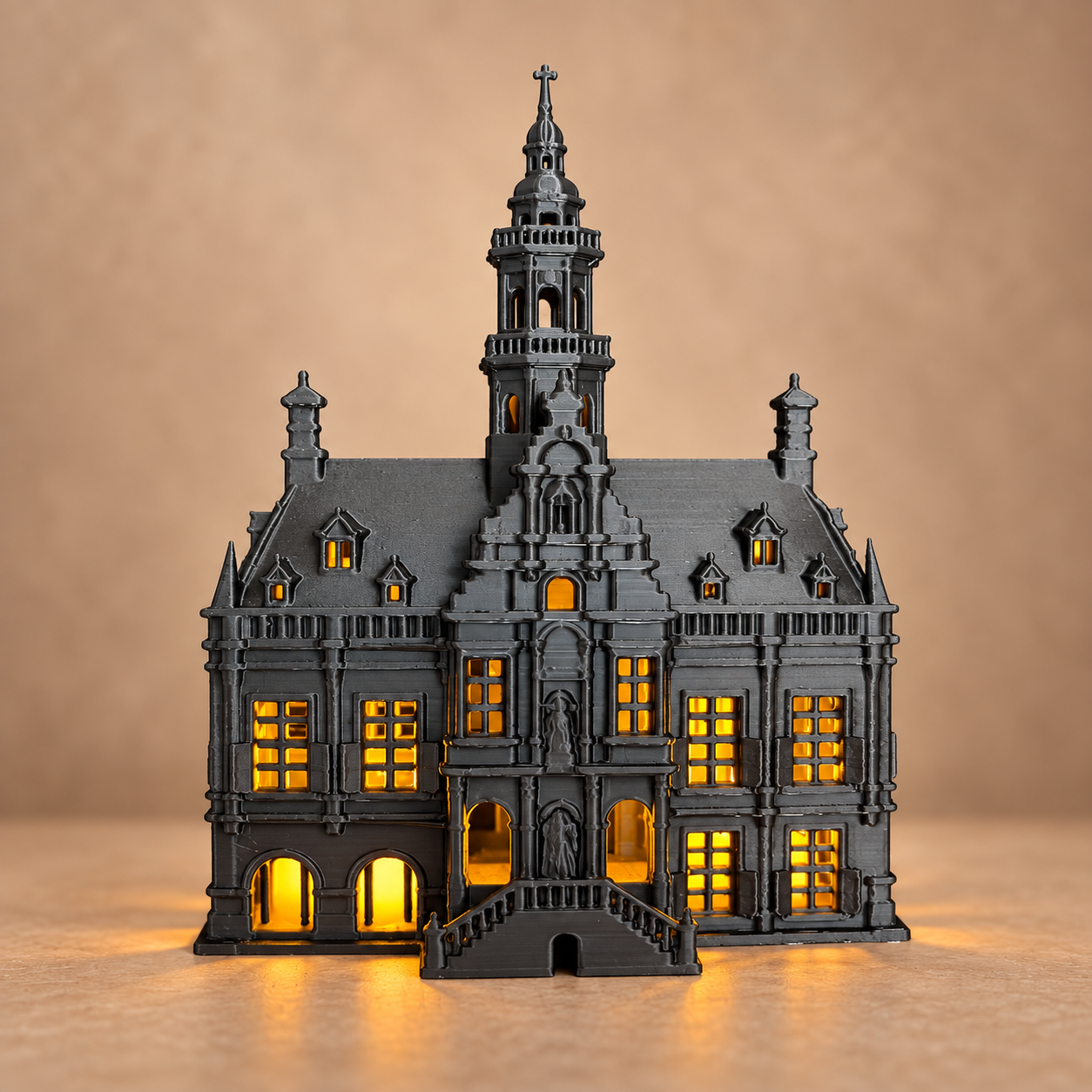 Zwart 3D geprint Stadhuis van Bolsward met twee LED waxinelichtjes