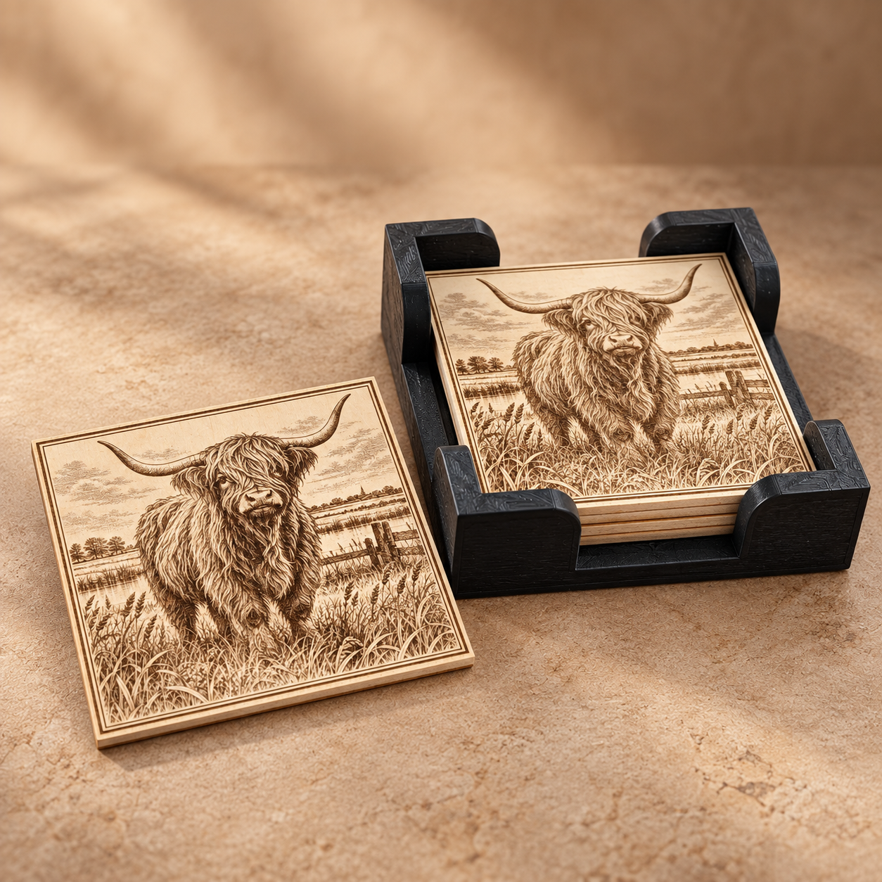 Set van 6 houten Schotse Hooglander onderzetters 10x10 cm met lasergravure en zwarte 3D geprinte houder