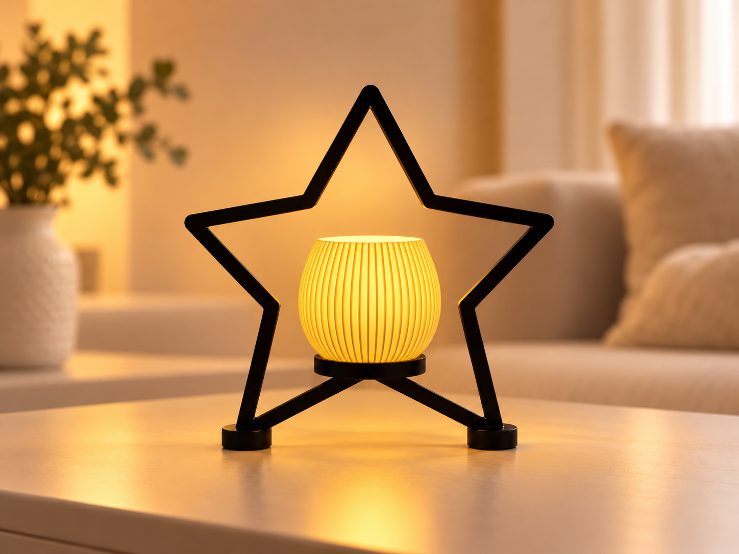 Zwarte decoratieve ster met warm LED-waxinelichtje, sfeervolle kerst- en winterdecoratie van LjochtDesign.