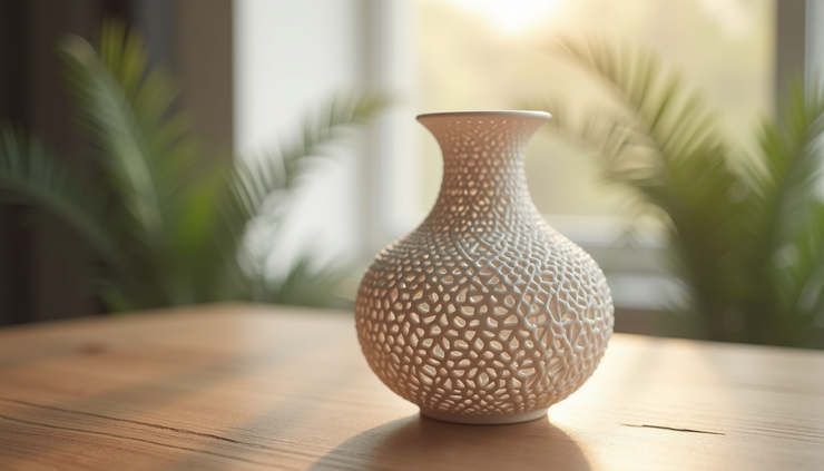 Close-up van een 3D-geprinte vaas met ingewikkeld patroon