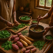 Duas pessoas preparam comida saudável em uma cozinha rústica.