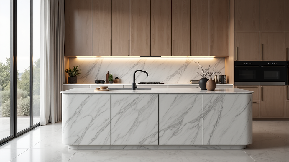 Eye-level view of a modern kitchen island with marble countertop and built-in storage