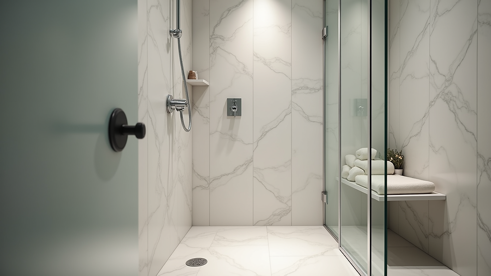 Close-up view of a walk-in shower with built-in bench and modern fixtures