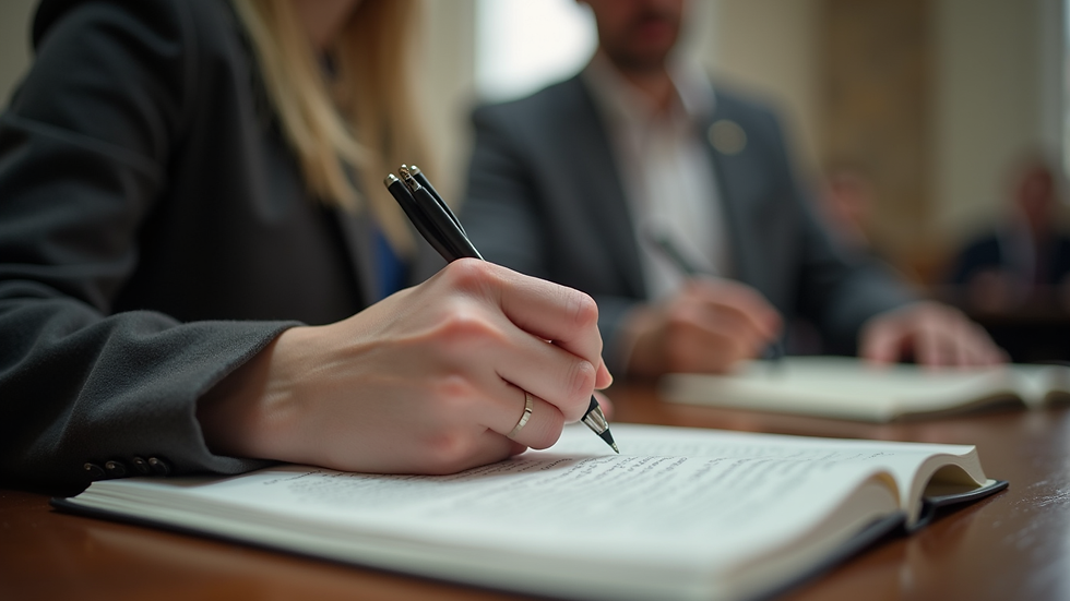 Close-up view of a person writing notes during a theology class