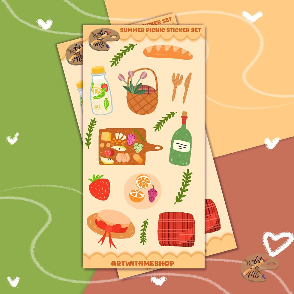 Two sticker sheets with picnic food: cheese, wine, baguette, strawberries