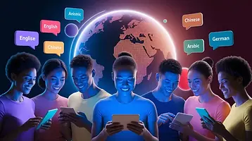 Menschen an Smartphones in verschiedenen Sprachen