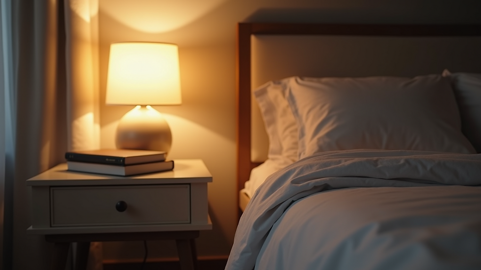 Eye-level view of a bedside table with a softly glowing lamp and a book