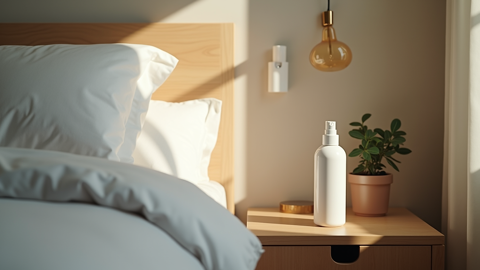 Eye-level view of a bedroom with a pillow mist spray on the bedside table
