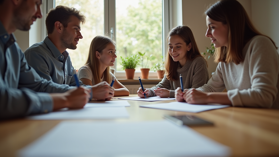 Eye-level view of a family discussing documents around a table