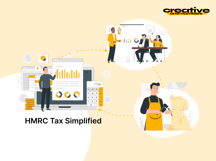 Person at desk with computer, phone, and tax documents. Coin stacks, plant, and two people with a light bulb poster. Text: Digital Tax. Mood: busy.