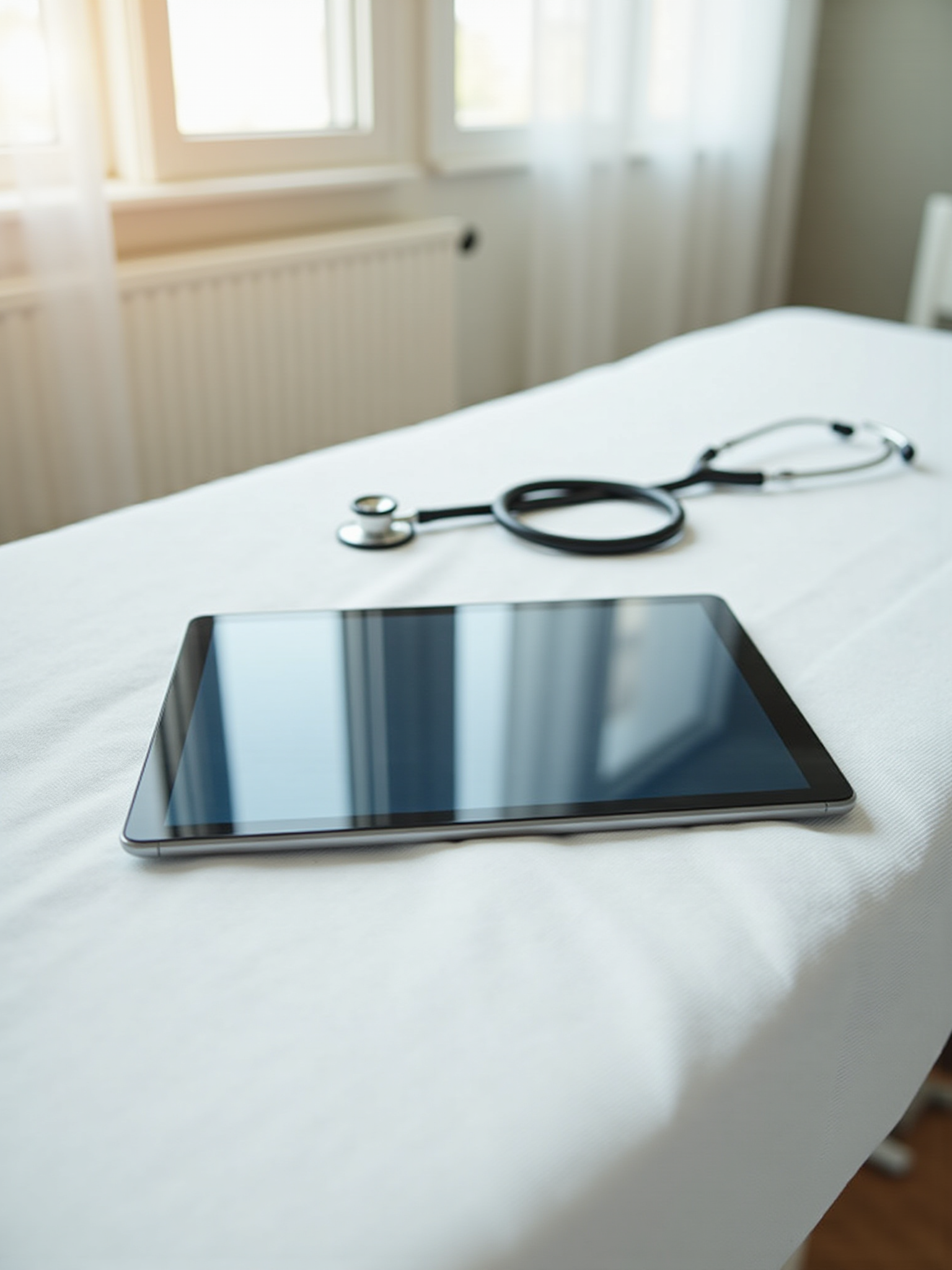 Tablet and stethoscope on a white bed in a doctor's office, Humannection.