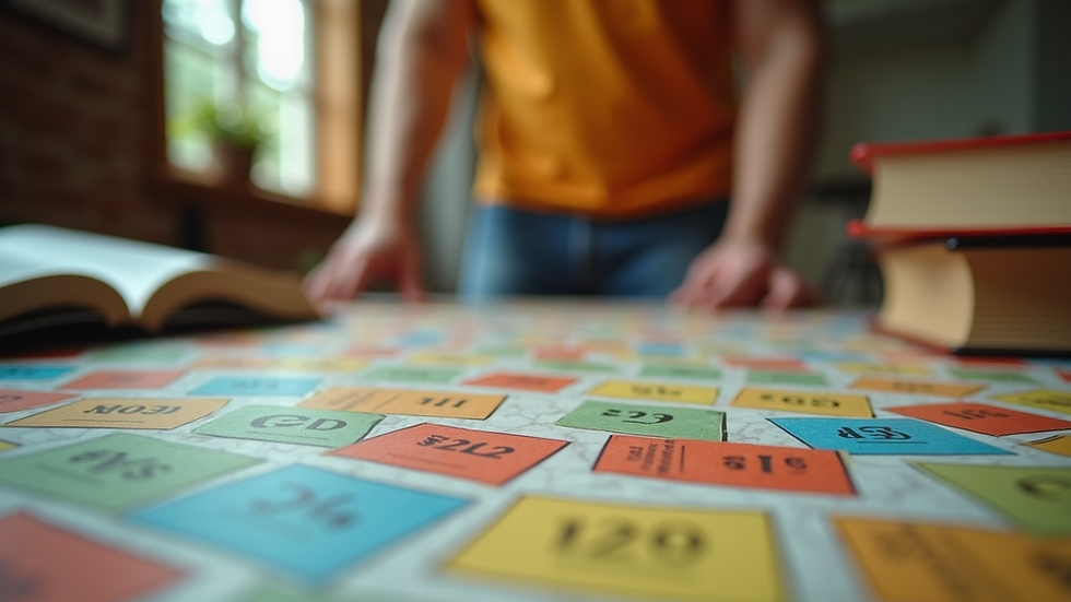 Eye-level view of a colorful Bible trivia game set up on a table