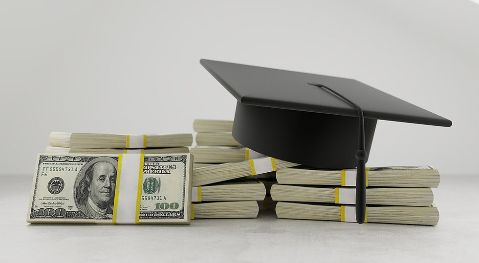 Graduation cap on stacks of 100-dollar bills on a gray background, suggesting education costs. Bills are neatly arranged and bound.