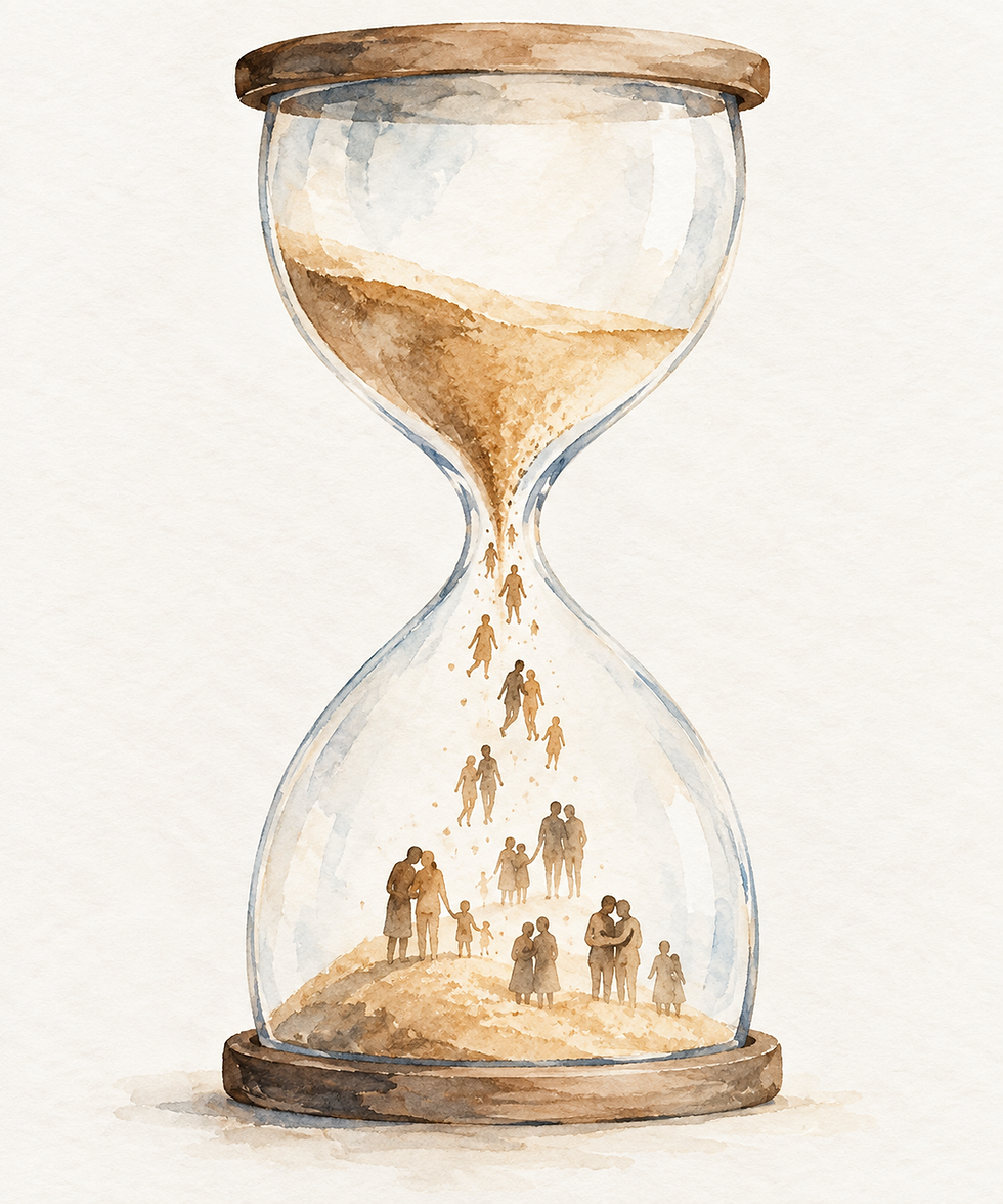 Watercolor hourglass with tiny people flowing through sand on a white background, symbolizing time passing.