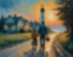 Man walks beside a child on a bicycle toward a lighthouse at sunset, with seaside cottages and a glowing warm sky.