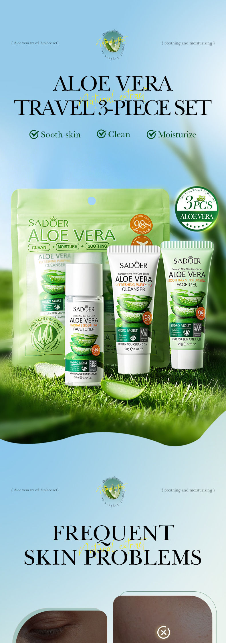 Thumbnail: 3pcs SADOER Aloe Vera Skin Care Sets Face Wash Facial Cleanser Aloe Gel Toner Fa