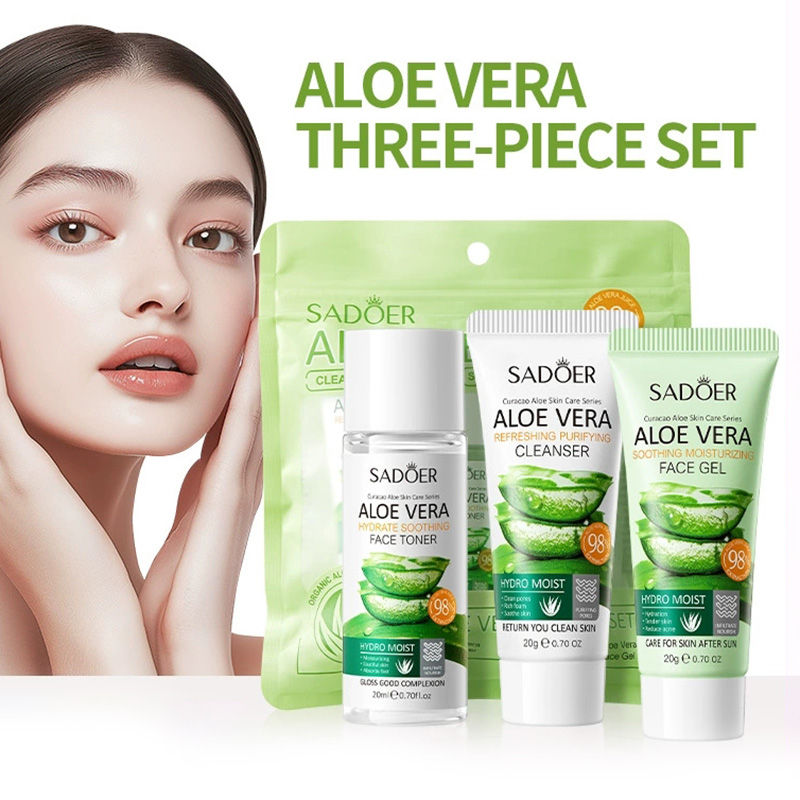 3pcs SADOER Aloe Vera Skin Care Sets Face Wash Facial Cleanser Aloe Gel Toner Fa