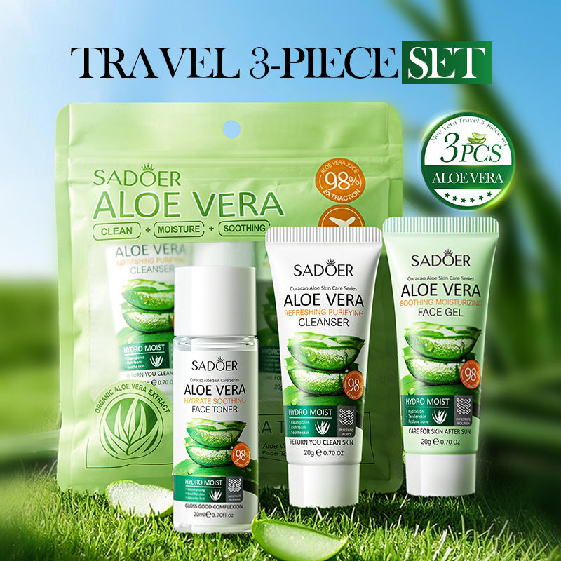 Thumbnail: 3pcs SADOER Aloe Vera Skin Care Sets Face Wash Facial Cleanser Aloe Gel Toner Fa