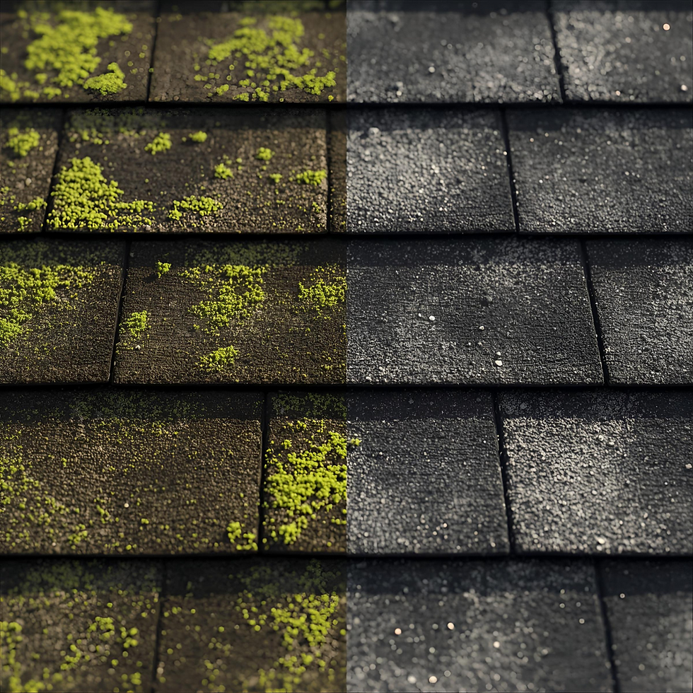 Roof shingles with moss on the left and clean on the right, highlighting contrast. Brown and dark gray colors, daytime setting.