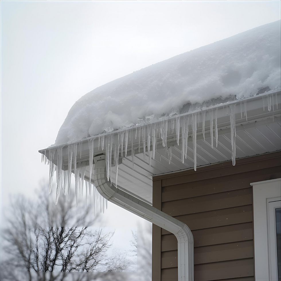 Icicles hang from a snow-covered roof of a beige house, with bare trees visible in the background against a cloudy sky.