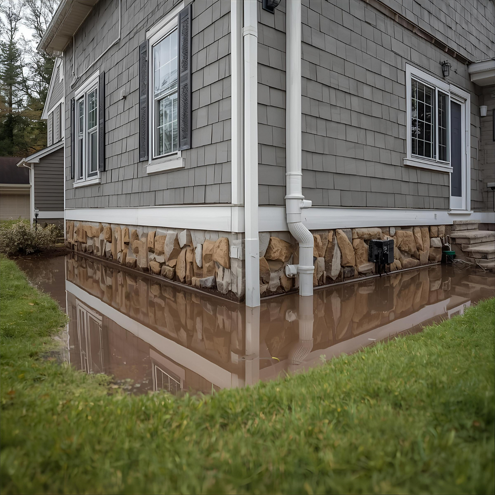 Flooded area around a house with gray siding and stone foundation. Reflective brown water encircles walls; overcast atmosphere.